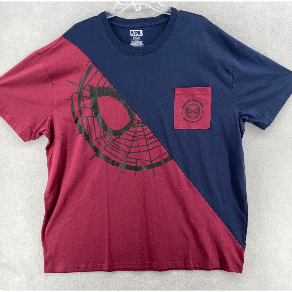 MARVEL SPIDERMAN T-Shirt 3XL‎ WITH GREAT POWER Blue Maroon Diagonal Graphic